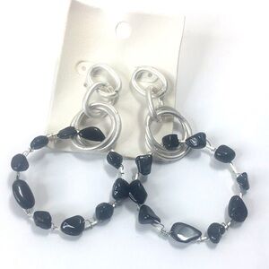NEW Free People Iceball Hoops Silver tone Black Natural Stone